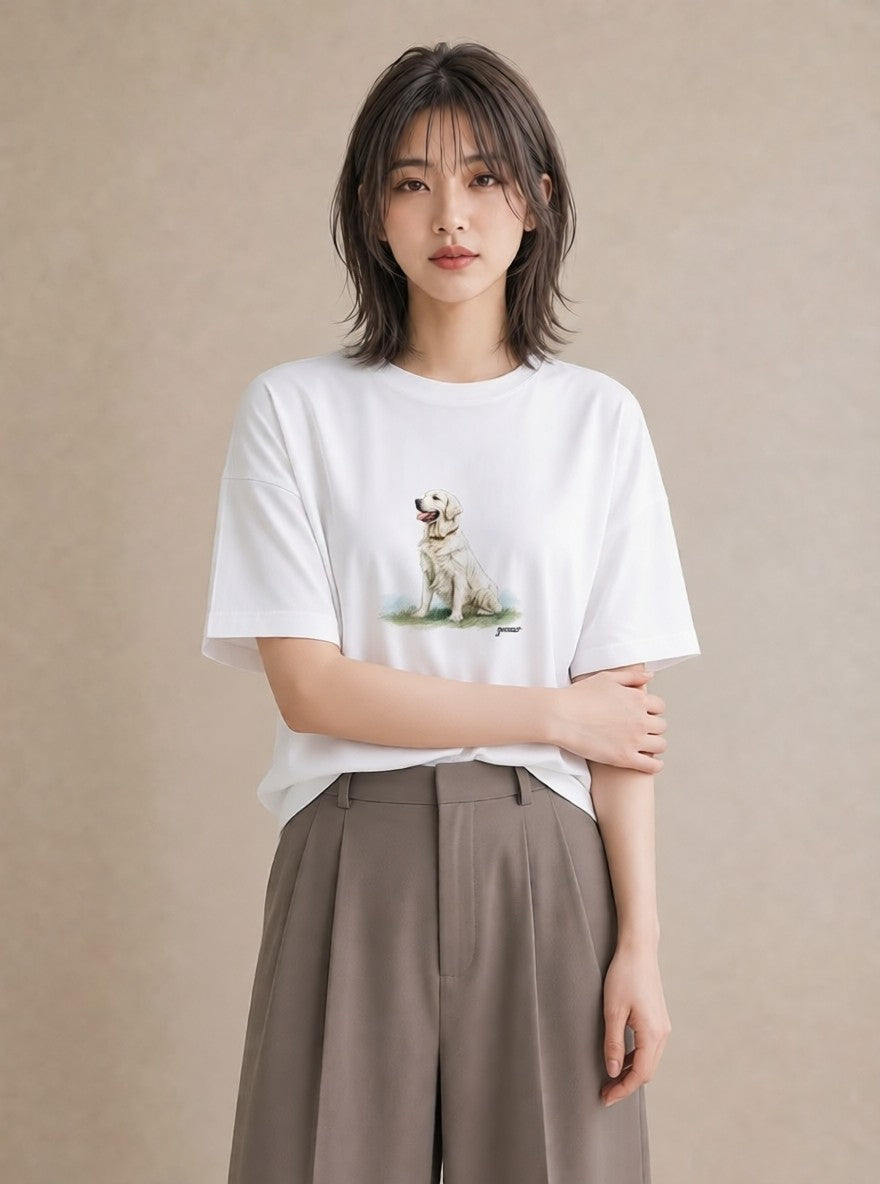 デザインTシャツ レディース ゴールデンレトリバー ゴールデン 犬 いぬ イラスト カフェコーデ レイヤード 友達ギフト 白T YMAZO