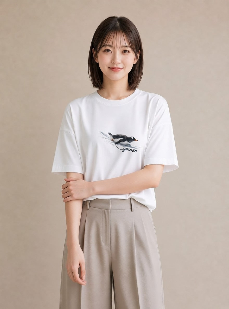 Tシャツ レディース コウテイペンギン 動物 アニマル イラスト 上品 20代 カジュアルコーデ 白T YMAZO