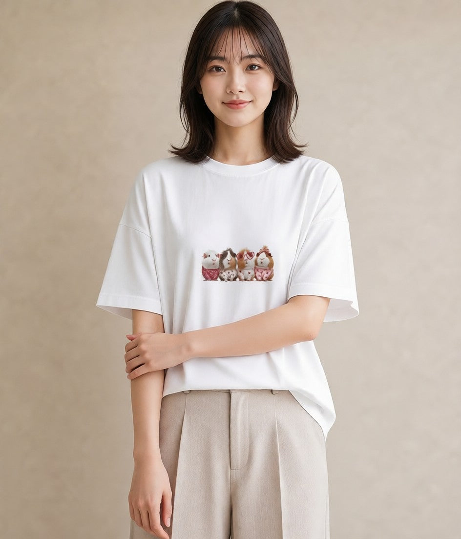 Tシャツ レディース モルモット ペット 動物 イラスト ラフ 誕生日プレゼント 綿100 白T YMAZO