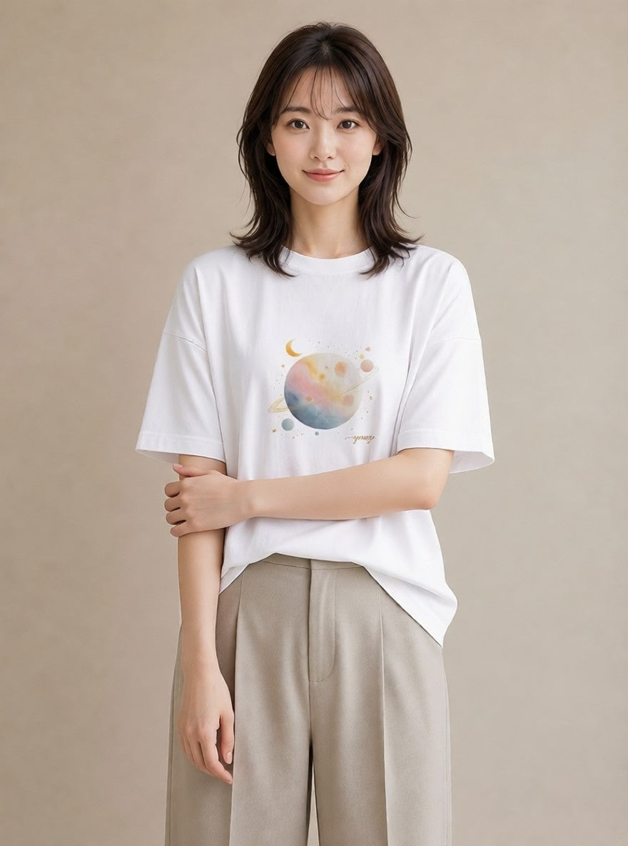 デザインTシャツ レディース 三日月 星空 宇宙 イラスト 手描き風 公園 ママ 白T YMAZO