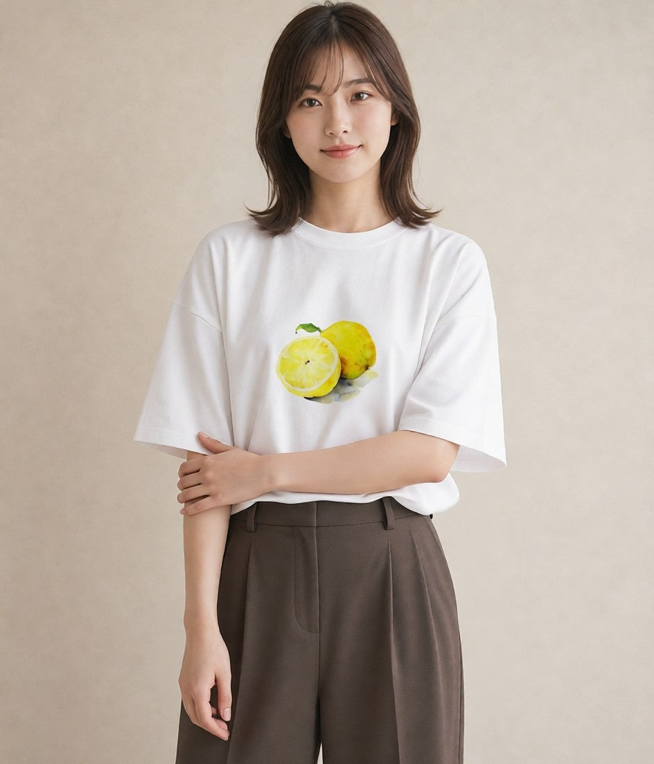 デザインTシャツ レディース レモン 檸檬 食べ物 フード イラスト ミニマル お出かけ 普段着 白T YMAZO