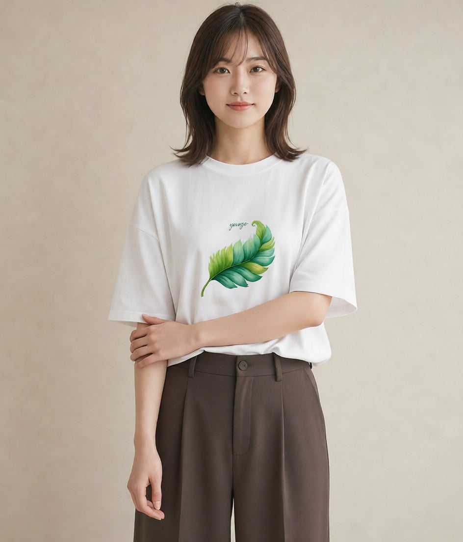 Tシャツ レディース 新緑 植物 ボタニカル イラスト アート風 春コーデ 姉妹 白T YMAZO