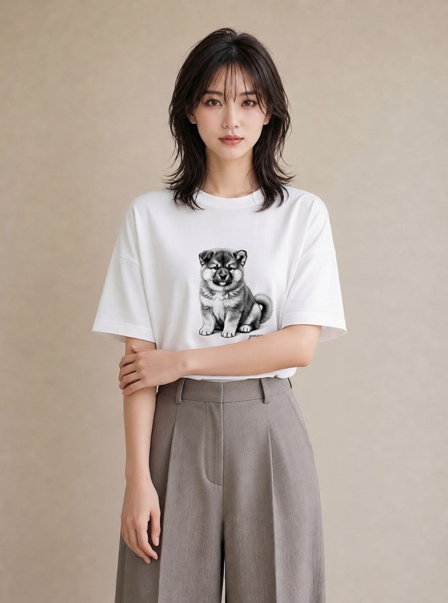 半袖Tシャツ レディース 秋田犬 犬 いぬ イラスト 抜け感 カジュアルコーデ 買い物 白T YMAZO