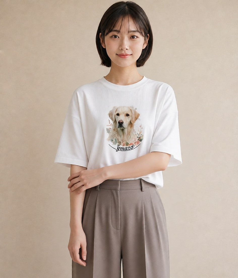 デザインTシャツ レディース ゴールデンレトリバー ゴールデン 犬 いぬ イラスト 休日コーデ ビーチ デイリーウェア 白T YMAZO