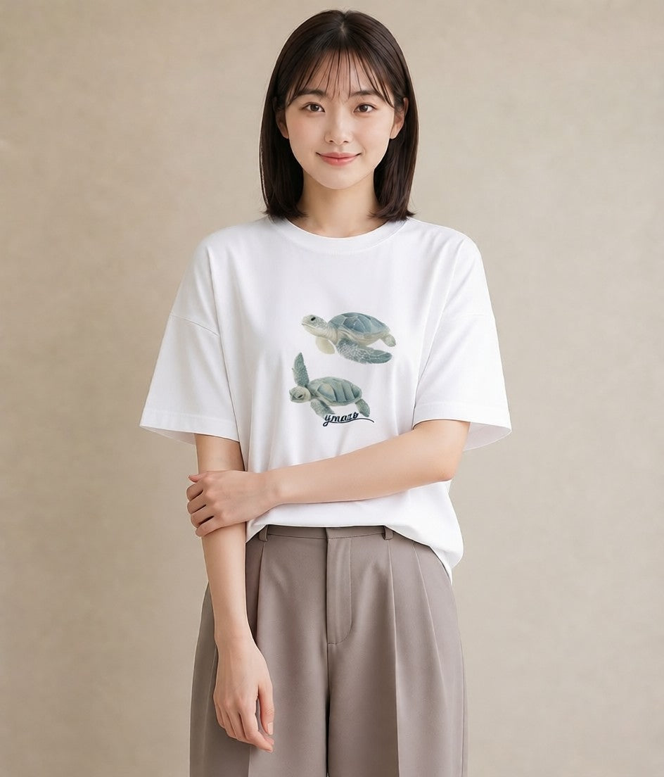 半袖Tシャツ レディース ゼニガメ ペット 動物 イラスト 親子 20代 白T YMAZO