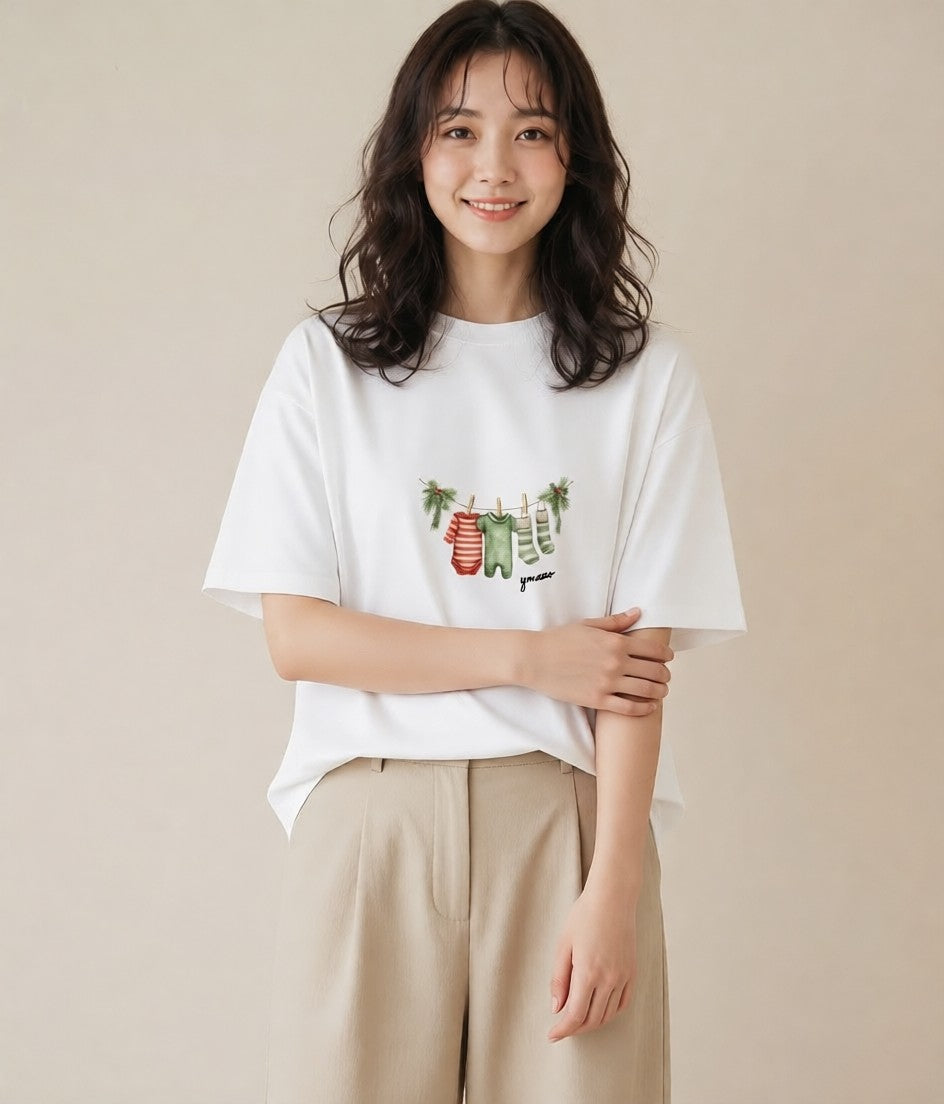 デザインTシャツ レディース 洗濯物 風 ナチュラル アンティーク イラスト きれいめカジュアル 母娘コーデ 自分用 白T YMAZO
