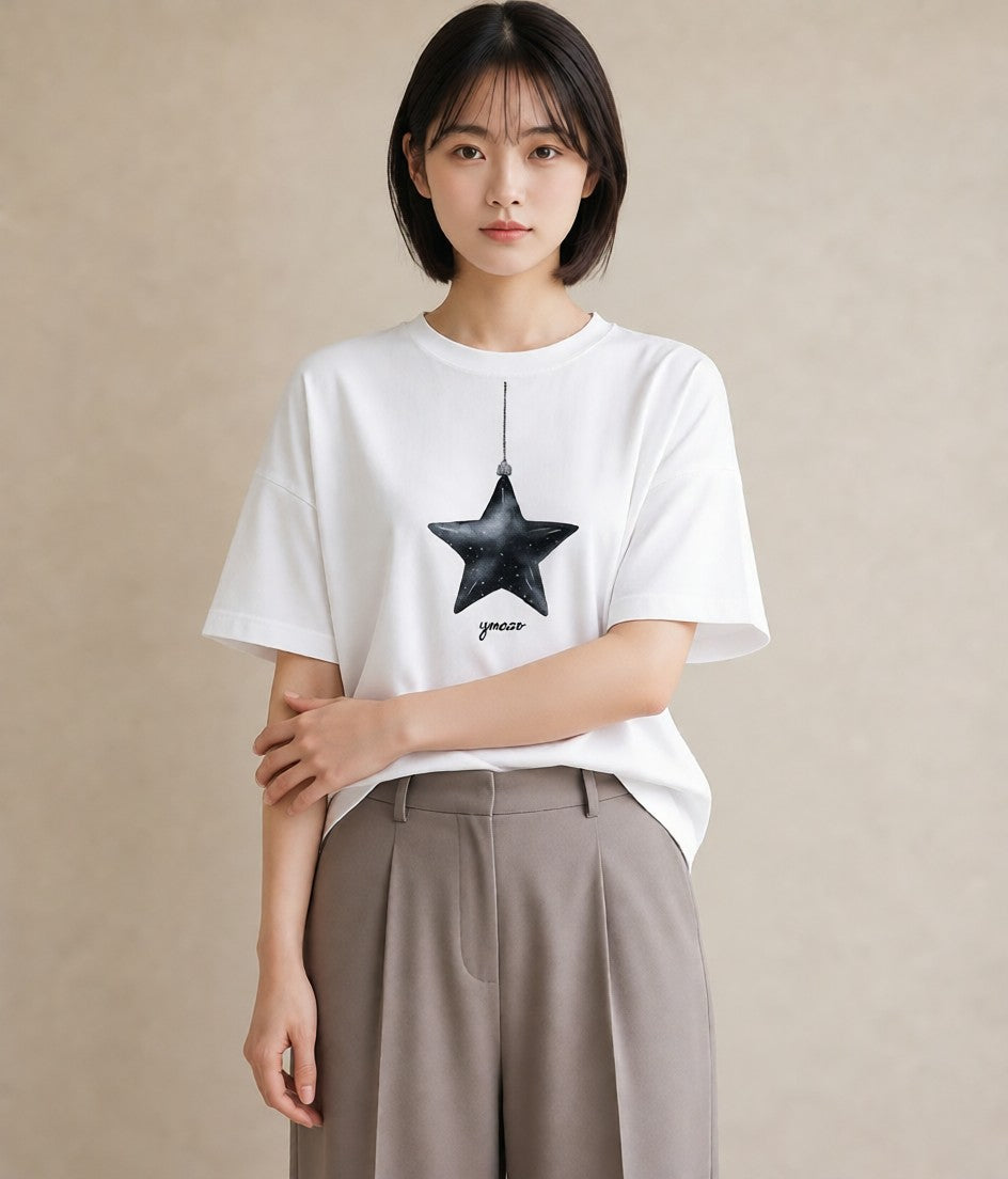 プリントTシャツ レディース スター 星空 宇宙 イラスト ゆるかわ ミセス 春コーデ 白T YMAZO