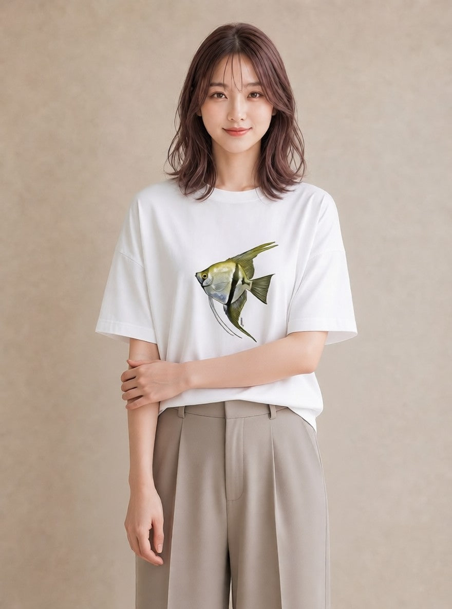プリントTシャツ レディース 熱帯魚 海の生き物 海 イラスト 韓国風 買い物 夏コーデ 白T YMAZO