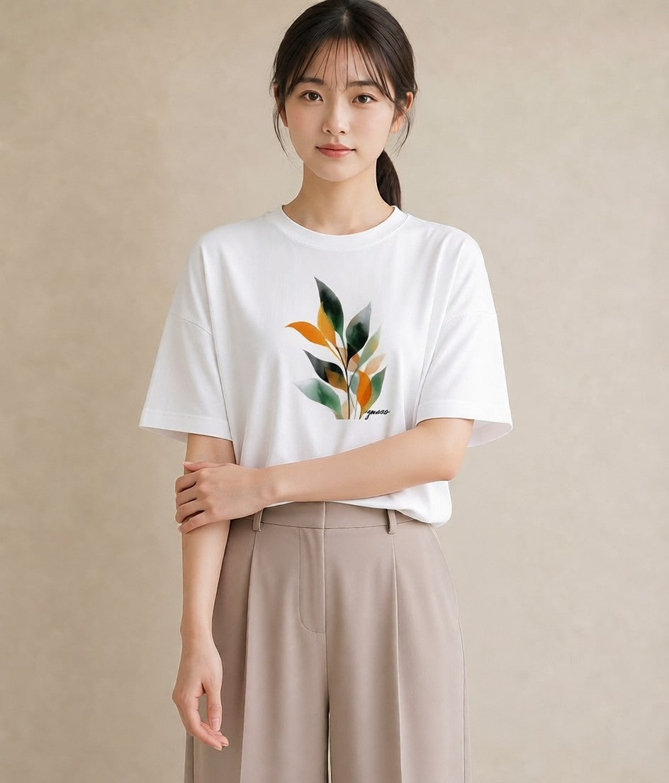 半袖Tシャツ レディース ボタニカル 植物 イラスト カジュアル 旅行 母娘コーデ 白T YMAZO