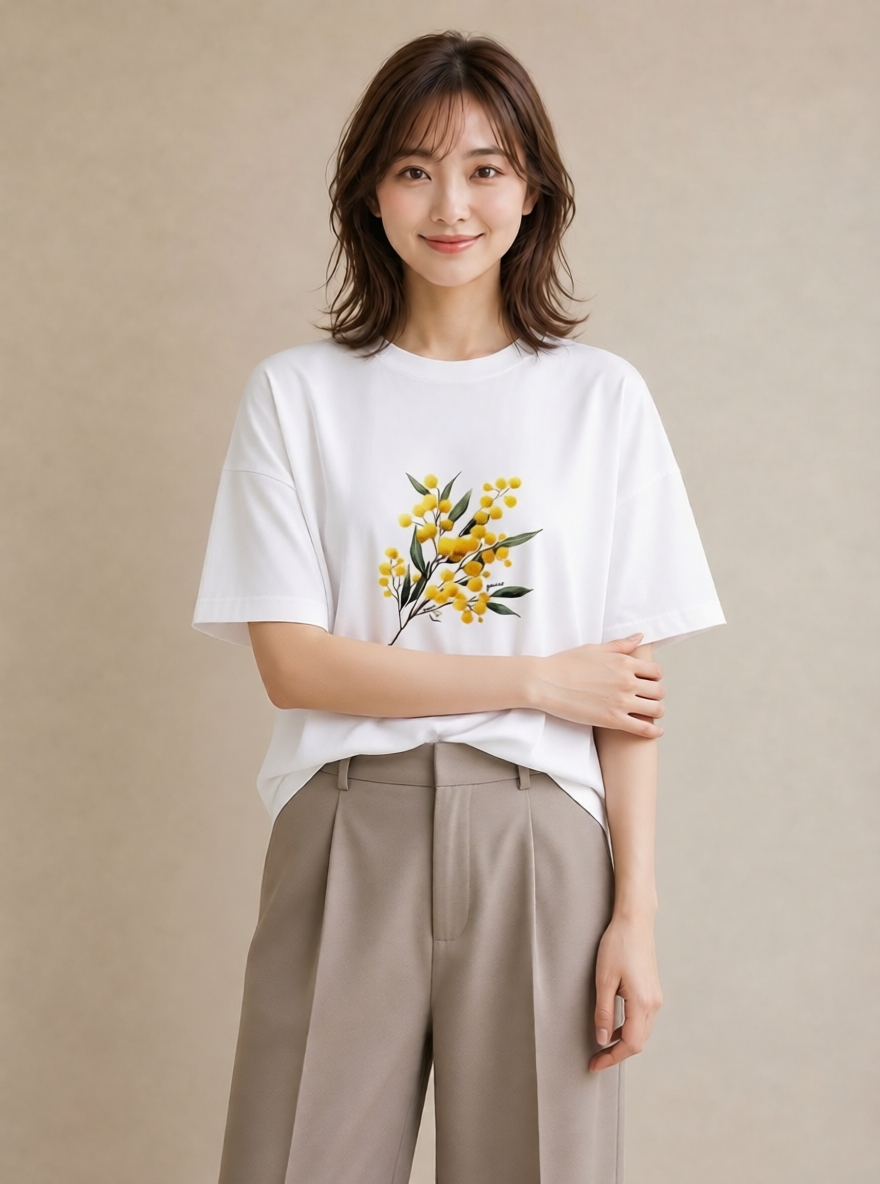 半袖Tシャツ レディース ミモザ 花 花柄 イラスト レトロ 誕生日プレゼント 綿100 白T YMAZO