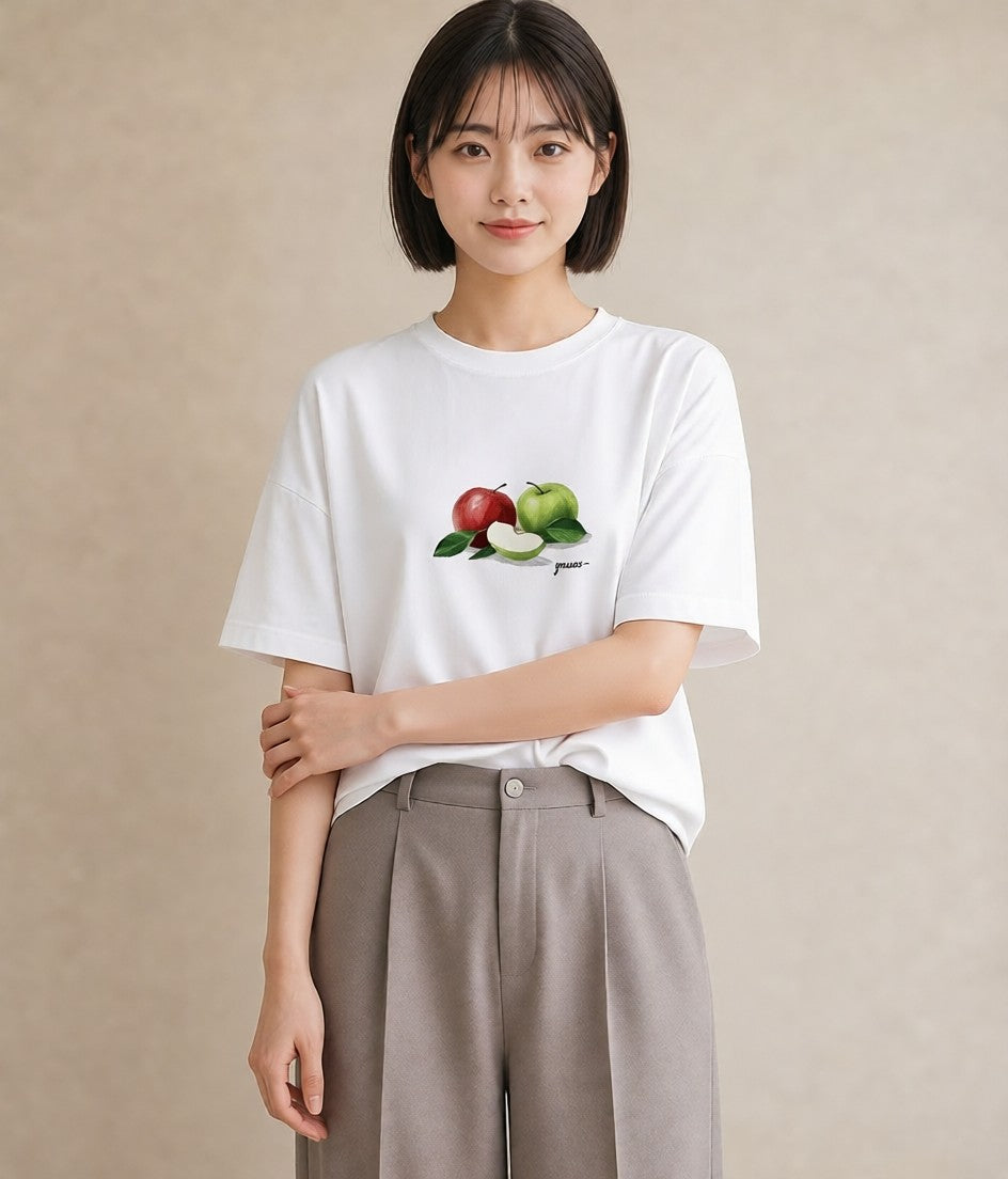 半袖Tシャツ レディース りんご 林檎 アップル 食べ物 フード イラスト 通学 誕生日プレゼント 白T YMAZO