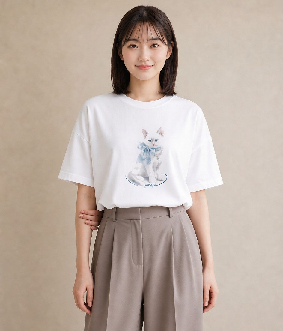 半袖Tシャツ レディース 猫 ねこ イラスト ラフ 自分用 ルームウェア 白T YMAZO