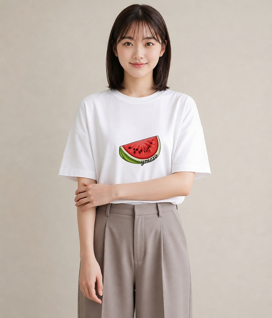 プリントTシャツ レディース すいか 食べ物 フード イラスト カフェコーデ ラフ レイヤード 白T YMAZO