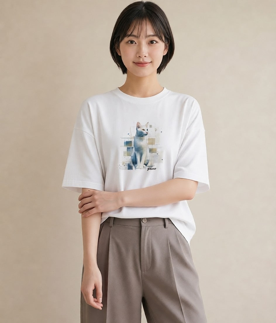 Tシャツ レディース ロシアンブルー 猫 ねこ イラスト ラフカジュアル 女性 旅行用 白T YMAZO