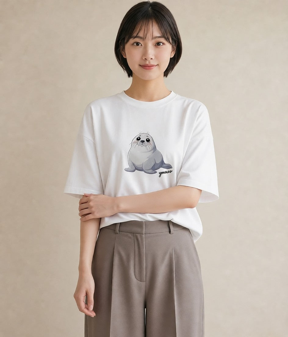 半袖Tシャツ レディース ゴマフアザラシ 動物 アニマル イラスト 個性的 部屋着 女性向けギフト 白T YMAZO