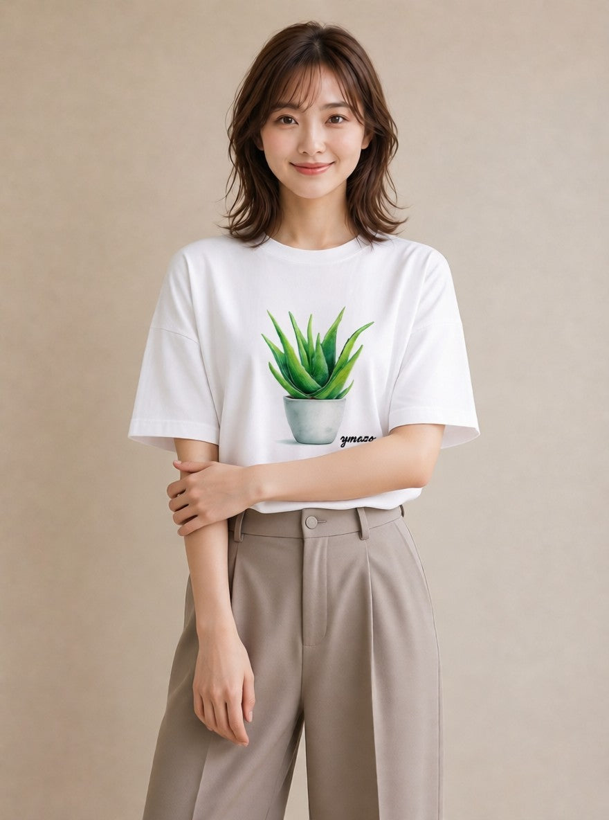 プリントTシャツ レディース サボテン 植物 ボタニカル イラスト カフェコーデ 夏コーデ 通学 白T YMAZO
