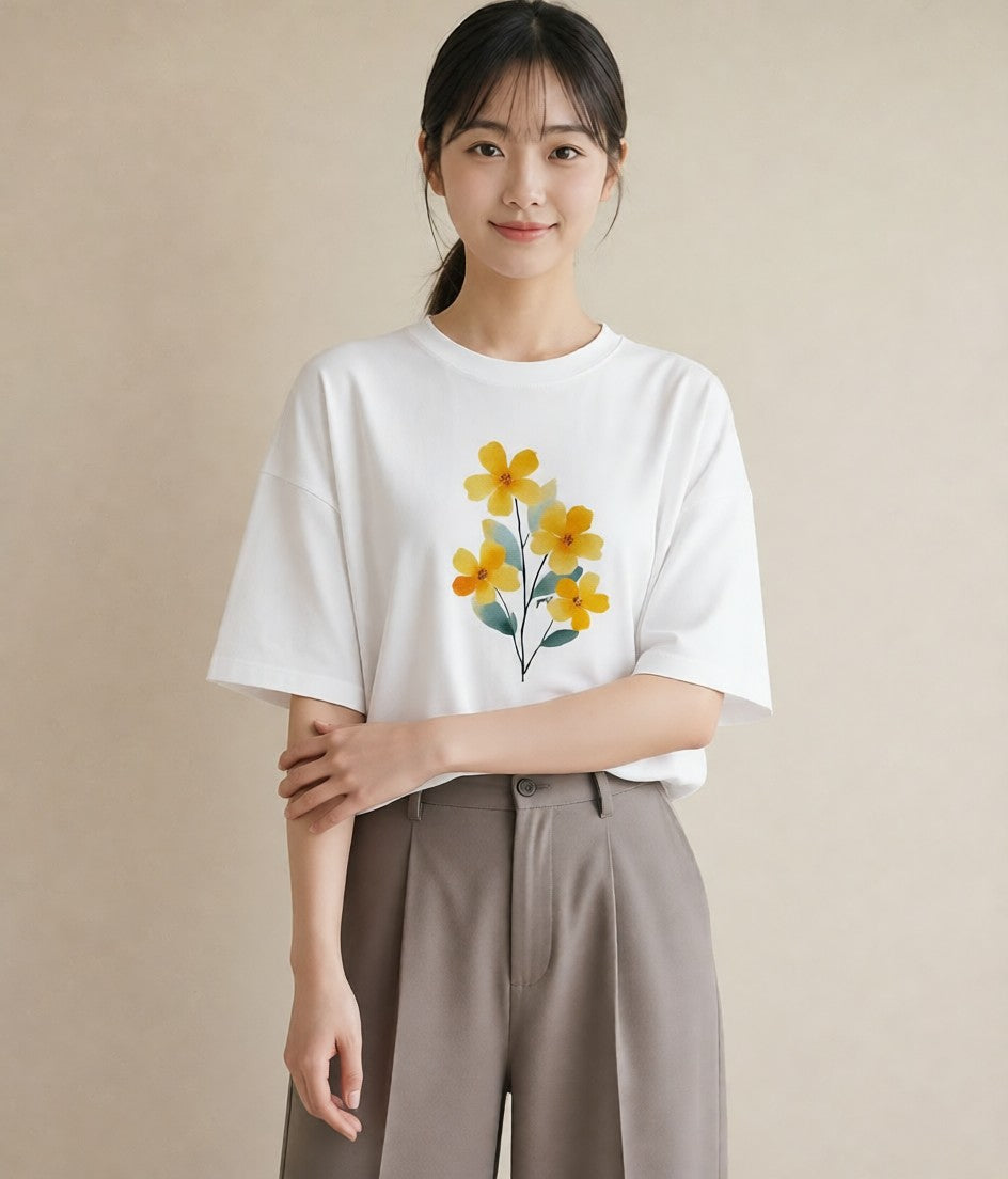 デザインTシャツ レディース ミモザ 花 花柄 イラスト ゆるかわ 旅行 母娘コーデ 白T YMAZO