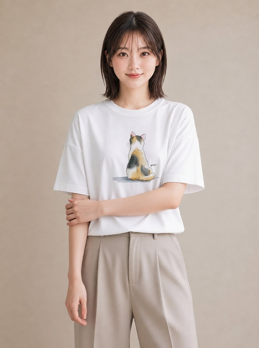 グラフィックTシャツ レディース アビシニアン 猫 ねこ イラスト 可愛い ルームウェア ギフト 白T YMAZO