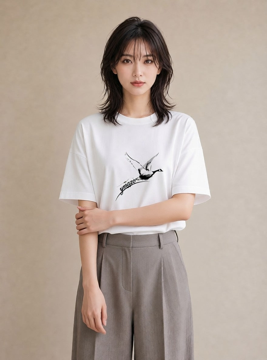 Tシャツ レディース ハクチョウ 動物 アニマル イラスト フェミニン 通勤 在宅 白T YMAZO
