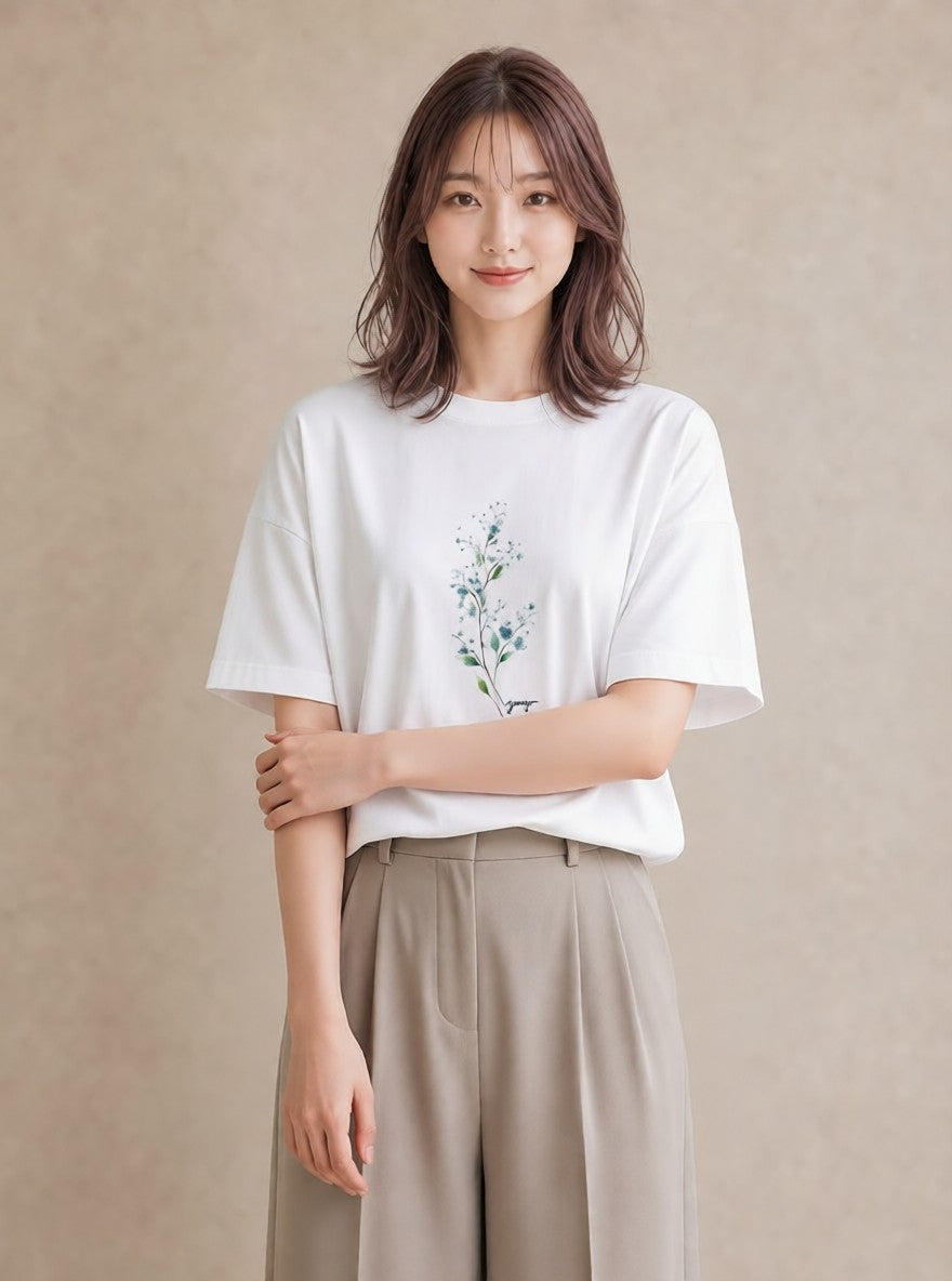 Tシャツ レディース カスミソウ かすみ草 花 花柄 イラスト ゆるコーデ 送別ギフト 通勤 白T YMAZO
