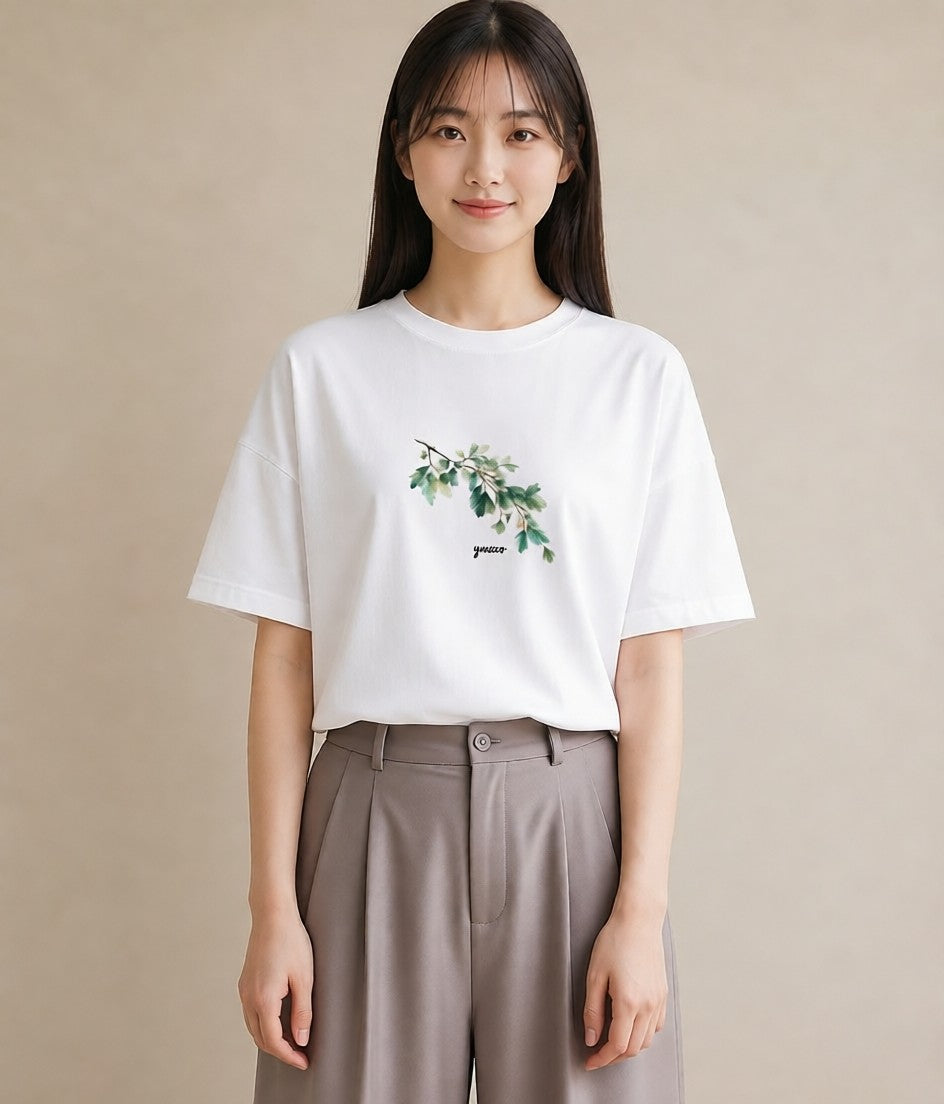 Tシャツ レディース 葉っぱ 植物 ボタニカル イラスト ミニマル 海 カフェ巡り 白T YMAZO