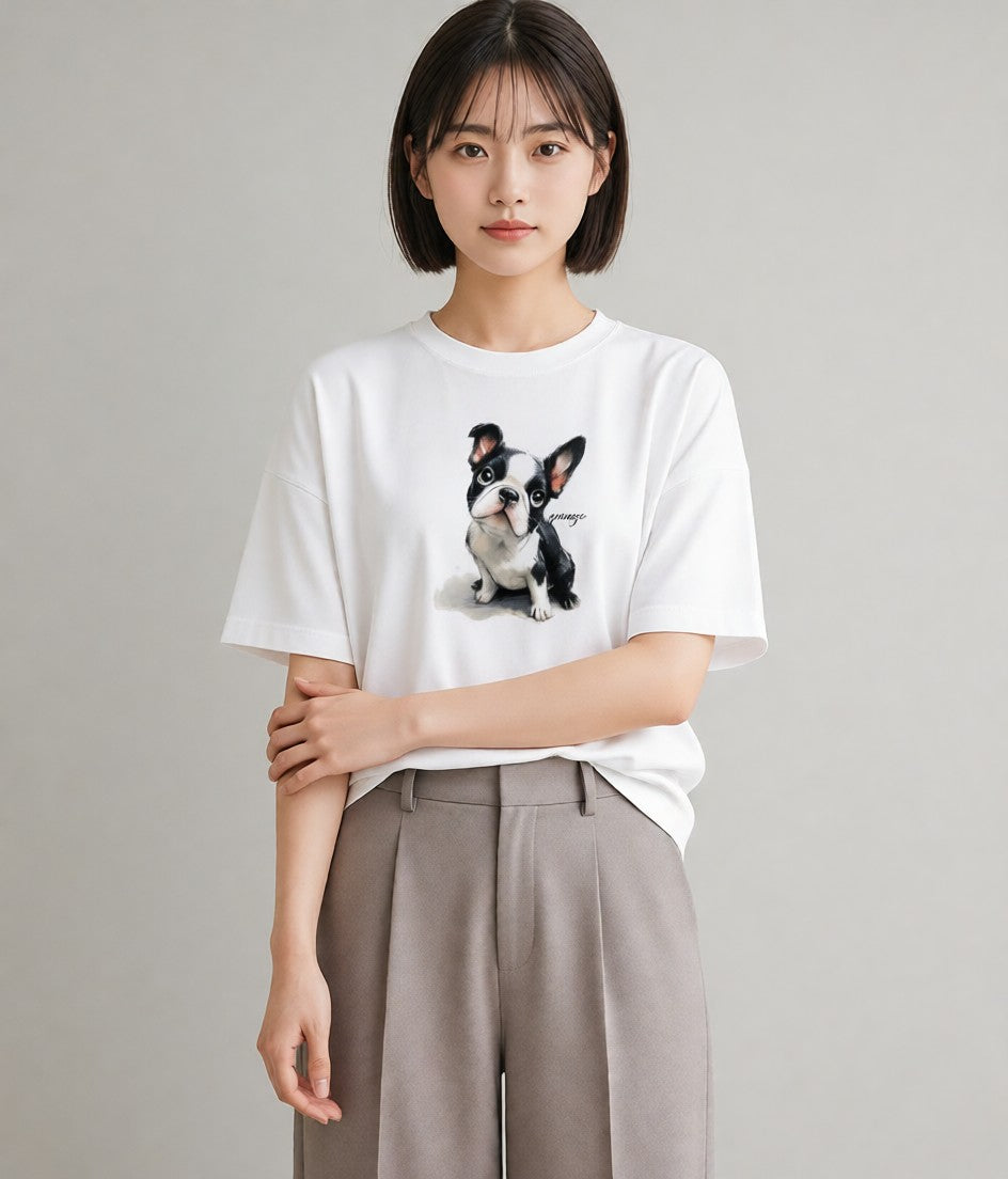 Tシャツ レディース ボストンテリア 犬 いぬ イラスト お洒落 ペアコーデ 秋コーデ 白T YMAZO