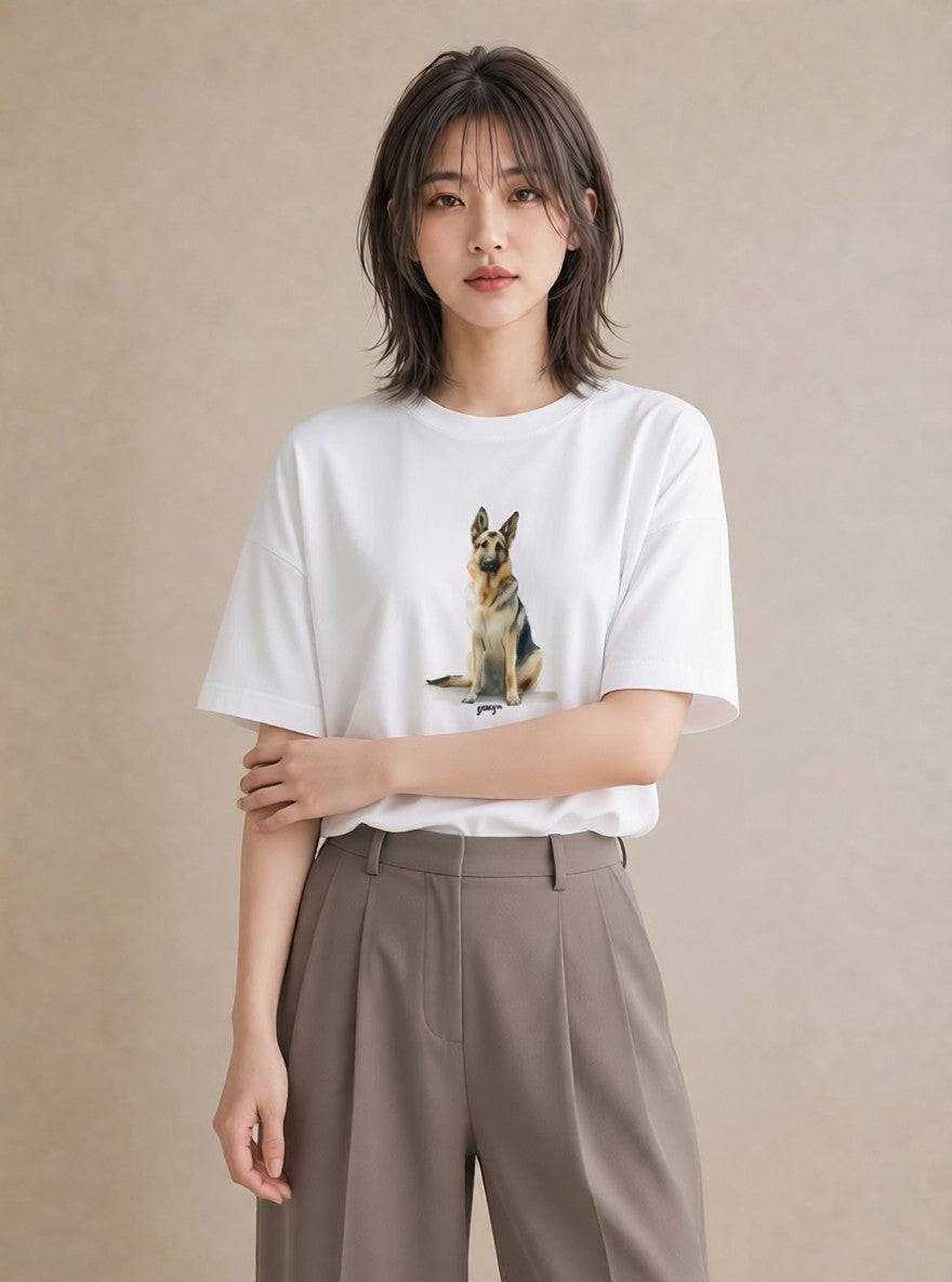 Tシャツ レディース 老犬 犬 いぬ イラスト 線画 カフェ巡り 女子会 白T YMAZO