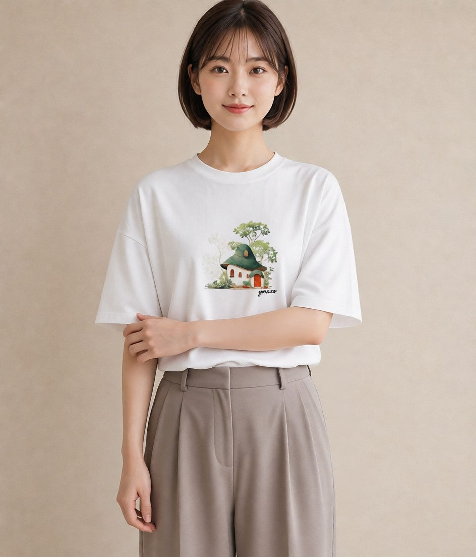 デザインTシャツ レディース 湖畔の小屋 湖 小屋 ナチュラル アンティーク イラスト ガーリー 海 カフェ巡り 白T YMAZO