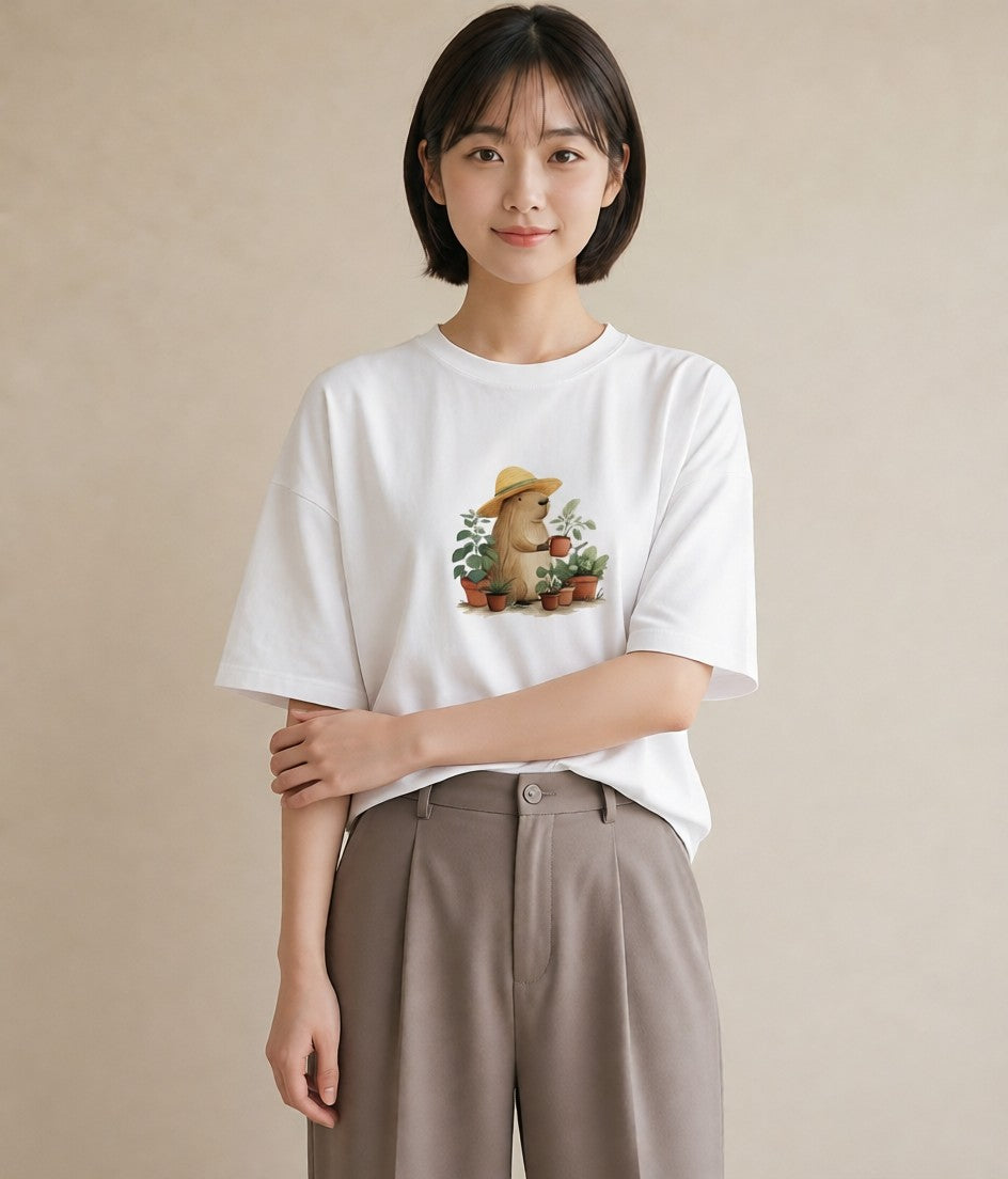 プリントTシャツ レディース モルモット ペット 動物 イラスト モード 海 カフェ巡り 白T YMAZO