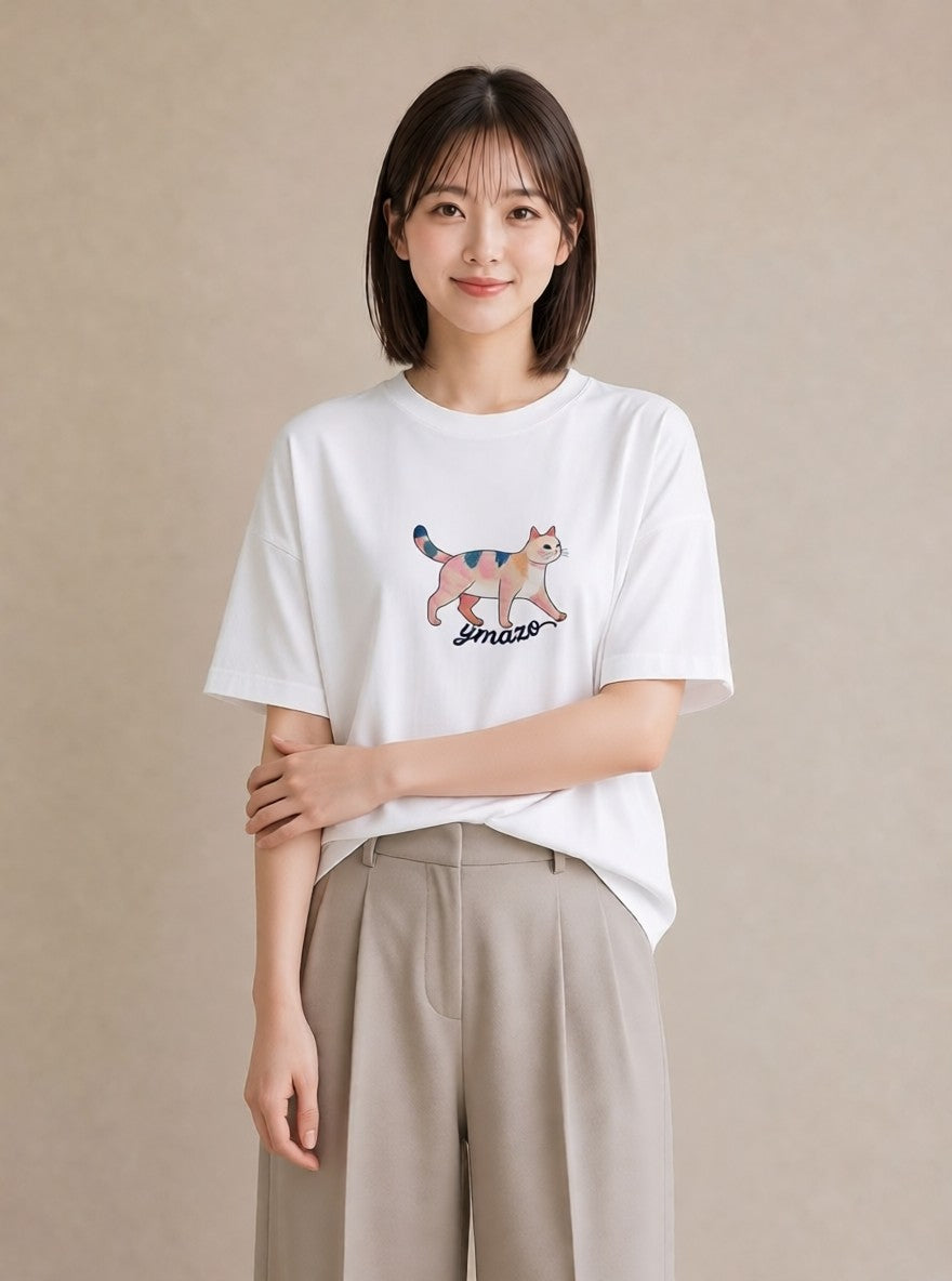 半袖Tシャツ レディース 猫好き 猫 ねこ イラスト レトロ 綿100 デート 白T YMAZO