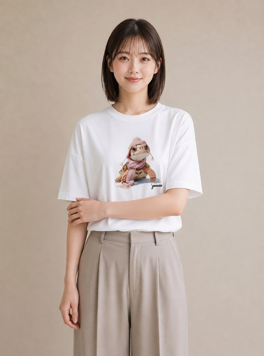 半袖Tシャツ レディース ゼニガメ ペット 動物 イラスト ラフ 20代 カジュアルコーデ 白T YMAZO