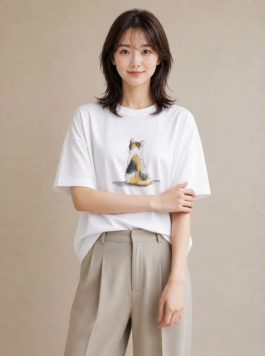 デザインTシャツ レディース サバトラ 猫 ねこ イラスト ゆるコーデ カフェ巡り 女子会 白T YMAZO