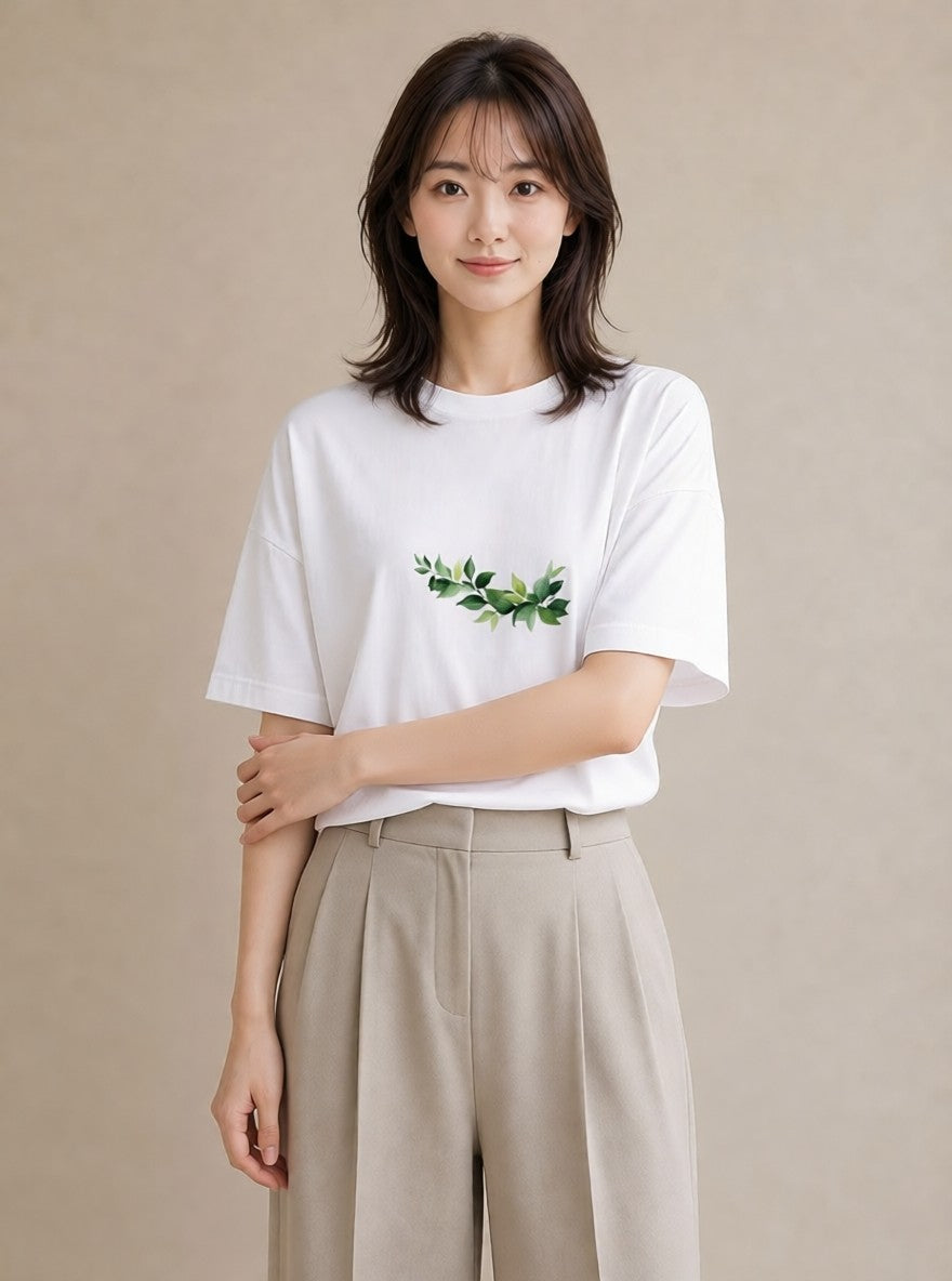 半袖Tシャツ レディース ユーカリ 植物 ボタニカル イラスト モード 旅行用 海 白T YMAZO