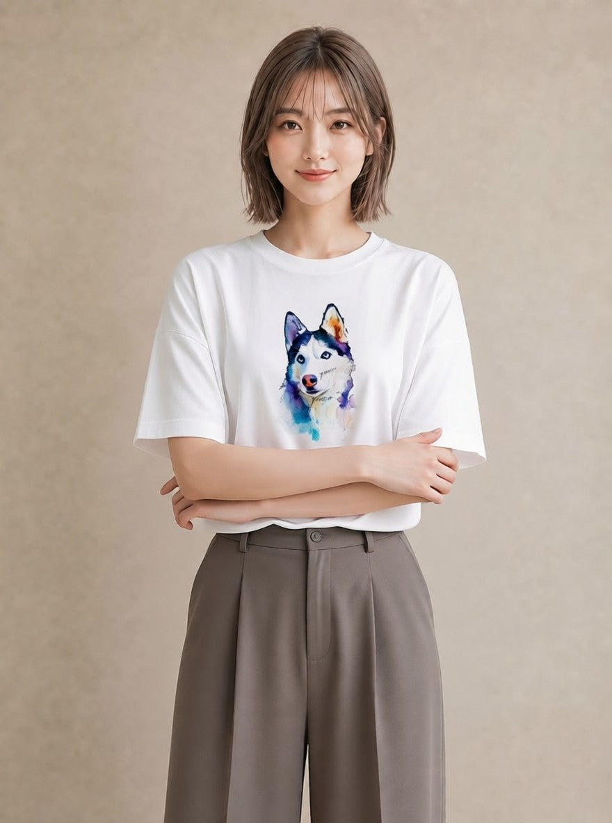 プリントTシャツ レディース シベリアンハスキー 犬 いぬ イラスト きれいめ 女子会 お揃い 白T YMAZO