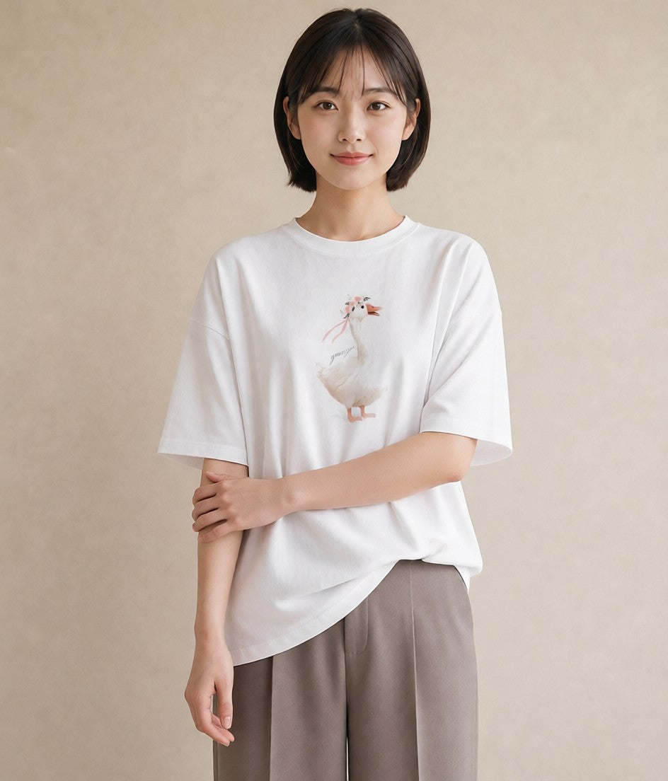 デザインTシャツ レディース アヒル 動物 アニマル イラスト 綿100 デート 白T YMAZO