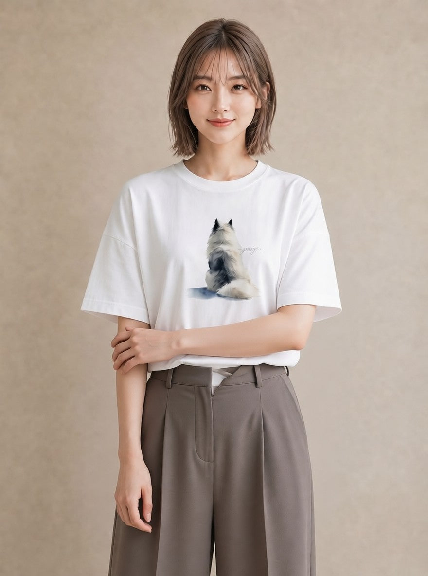 半袖Tシャツ レディース ロシアンブルー 猫 ねこ イラスト 帰省 ラフ 白T YMAZO