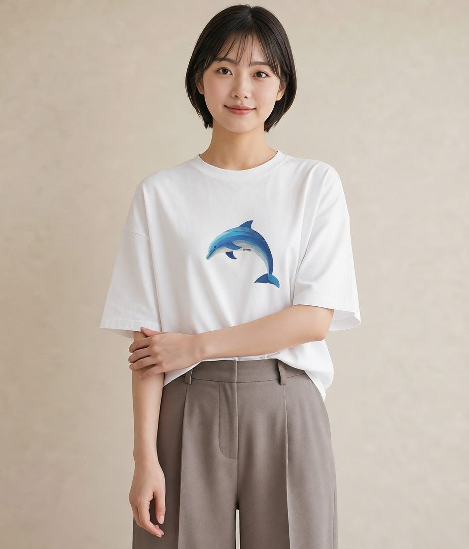プリントTシャツ レディース イルカ 海の生き物 海 イラスト きれいめカジュアル 買い物 夏コーデ 白T YMAZO
