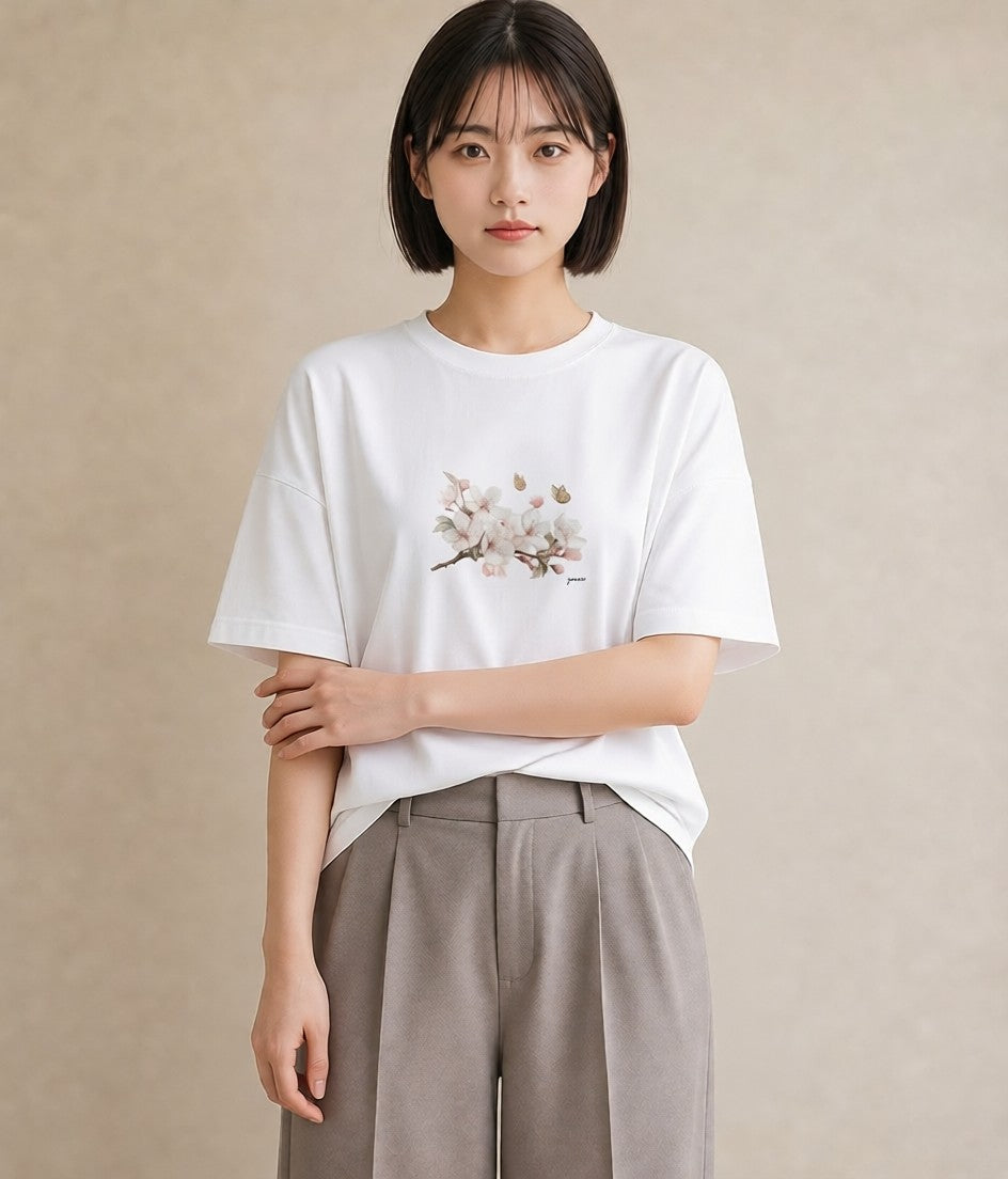 Tシャツ レディース 梅 花 花柄 イラスト ラフカジュアル 女性向けギフト 散歩 白T YMAZO