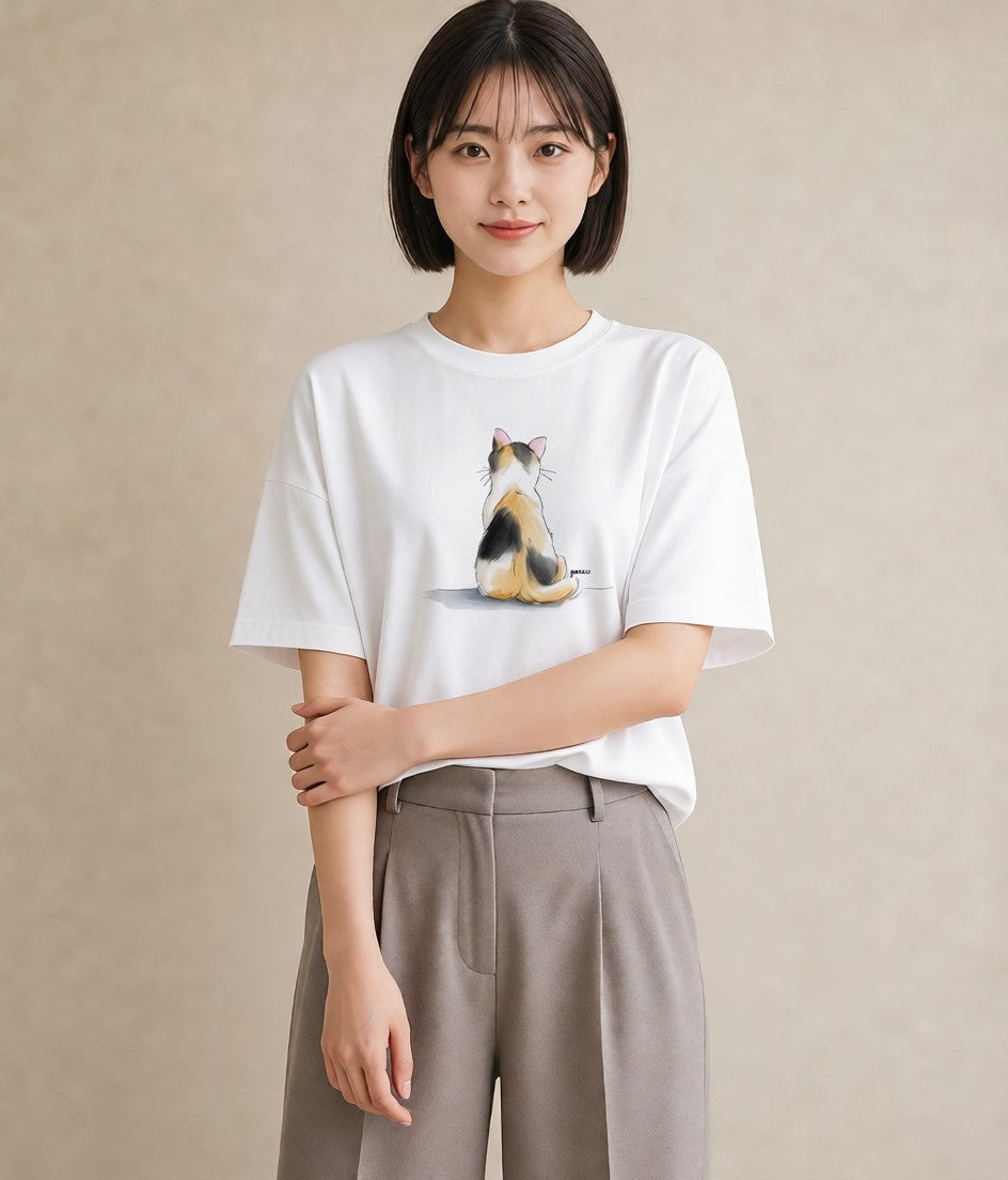 半袖Tシャツ レディース 茶トラ 茶猫 猫 ねこ イラスト 淡色 ルームウェア ギフト 白T YMAZO
