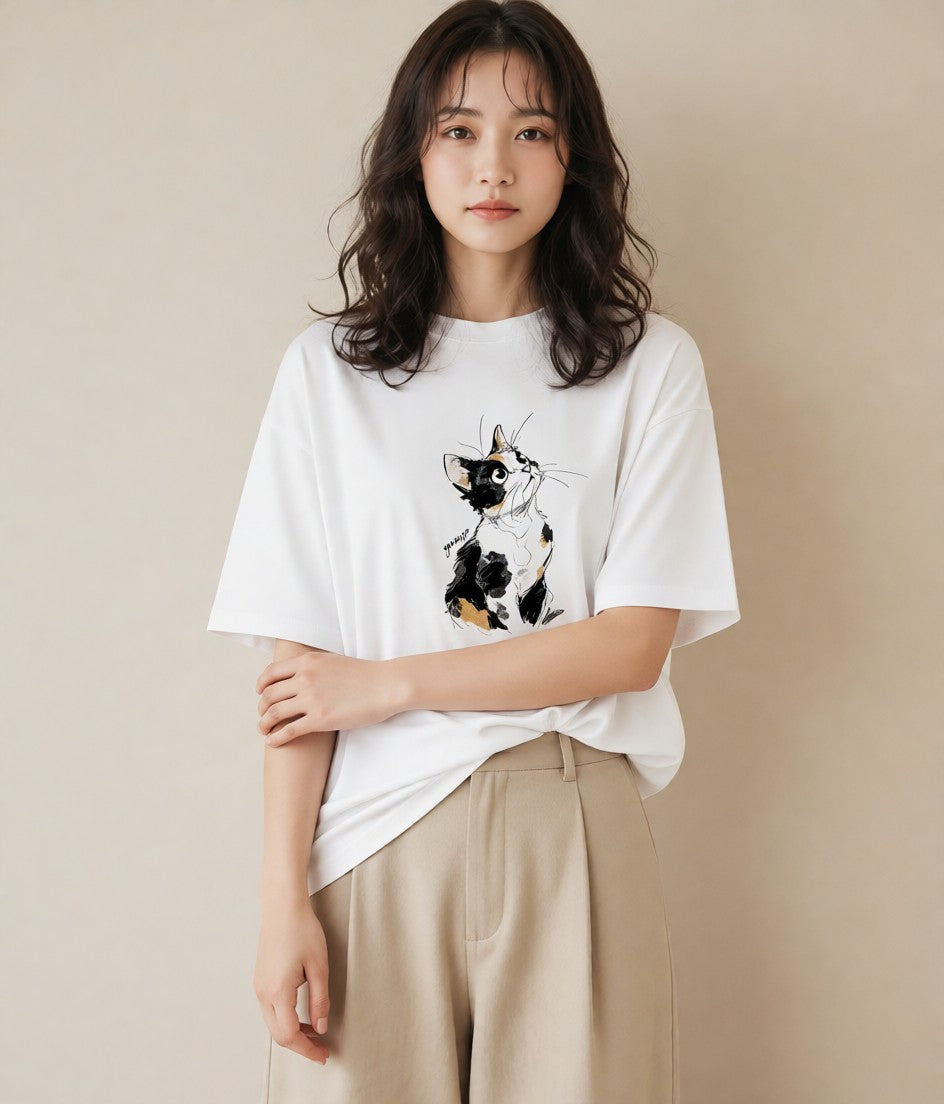 Tシャツ レディース ハチワレ 白黒猫 猫 ねこ イラスト モード ホワイトデー 春服 白T YMAZO