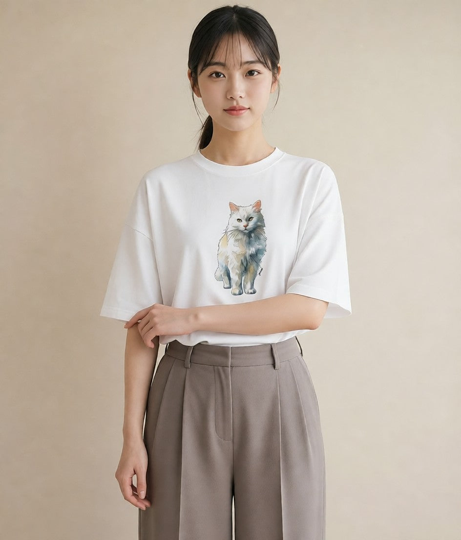グラフィックTシャツ レディース おすわり猫 猫 ねこ イラスト シンプル レイヤード 友達ギフト 白T YMAZO