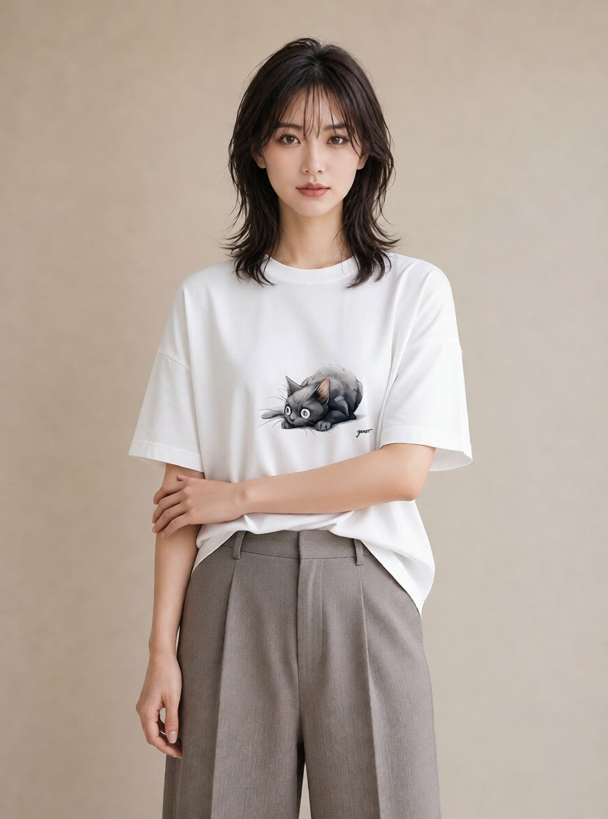 半袖Tシャツ レディース ロシアンブルー 猫 ねこ イラスト 旅行コーデ 誕生日プレゼント 綿100 白T YMAZO