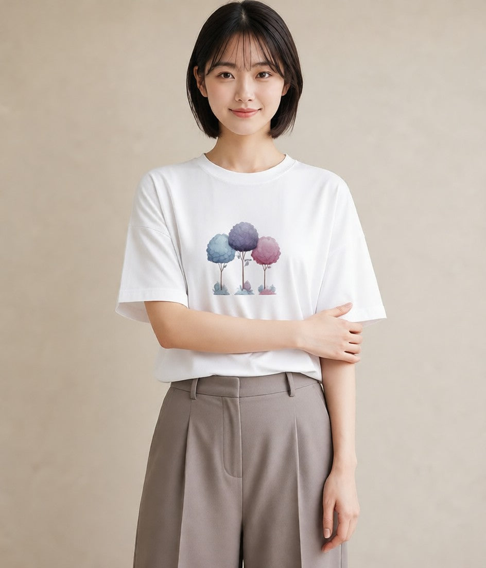 プリントTシャツ レディース 森 植物 ボタニカル イラスト 個性的 春服 ミセス 白T YMAZO