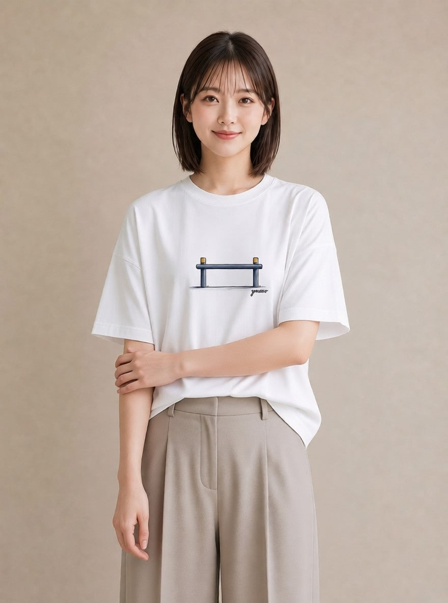 Tシャツ レディース 小川 橋 せせらぎ ナチュラル アンティーク イラスト ポップ ラフ レイヤード 白T YMAZO