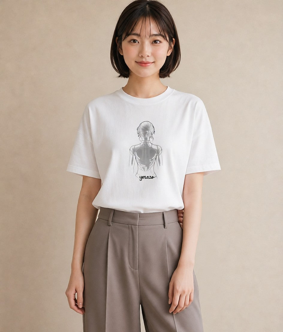 半袖Tシャツ レディース 女の子 ガール 後ろ姿 イラスト ヴィンテージ風 買い物 夏コーデ 白T YMAZO