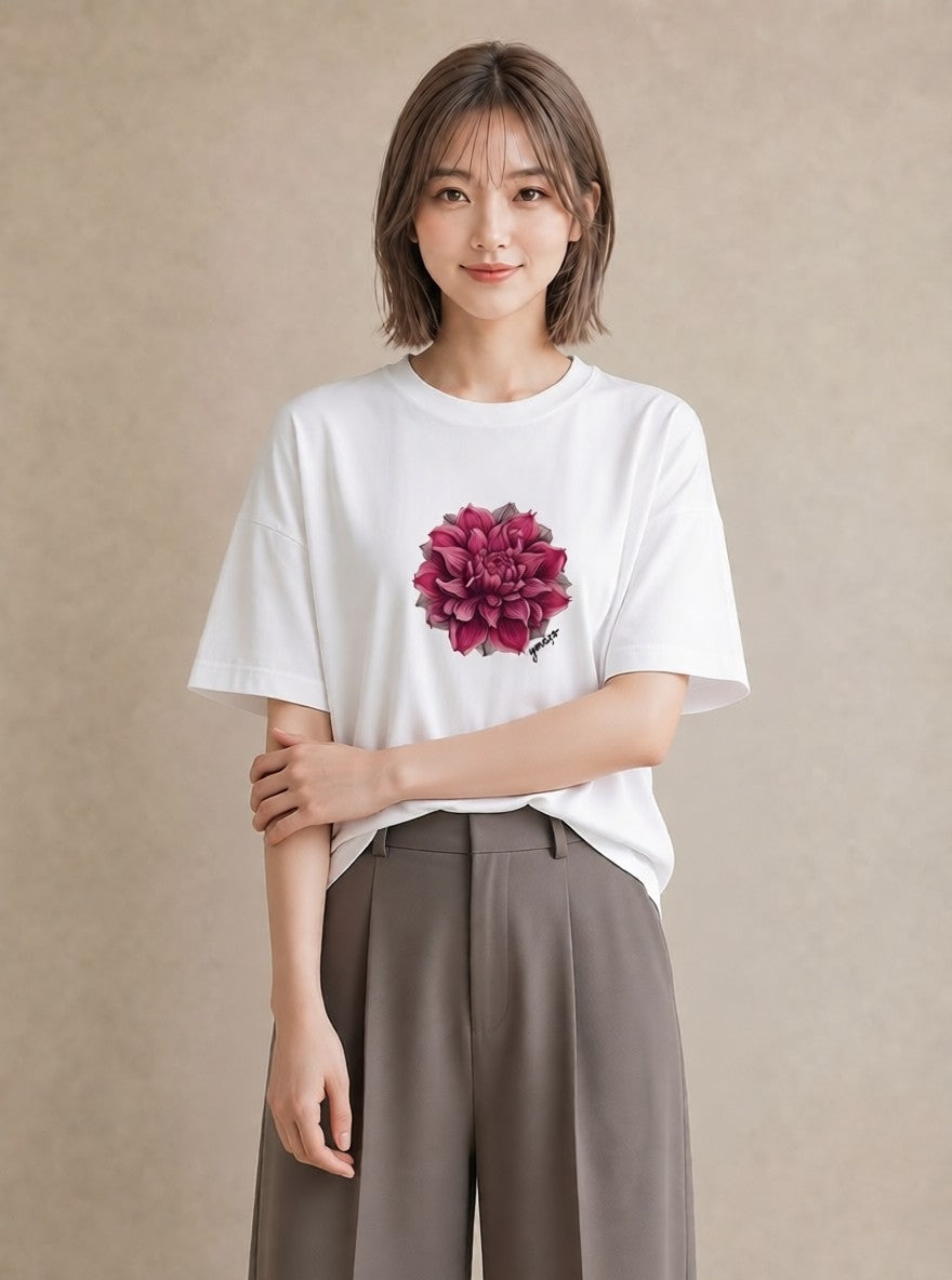 半袖Tシャツ レディース 牡丹 花 花柄 イラスト 休日コーデ 社会人 女性 白T YMAZO