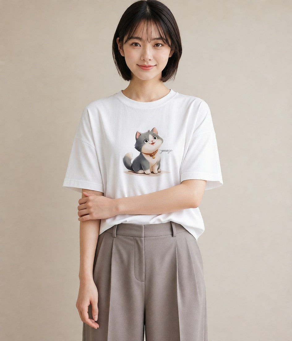 プリントTシャツ レディース 猫好き 猫 ねこ イラスト ラフカジュアル 旅行用 海 白T YMAZO