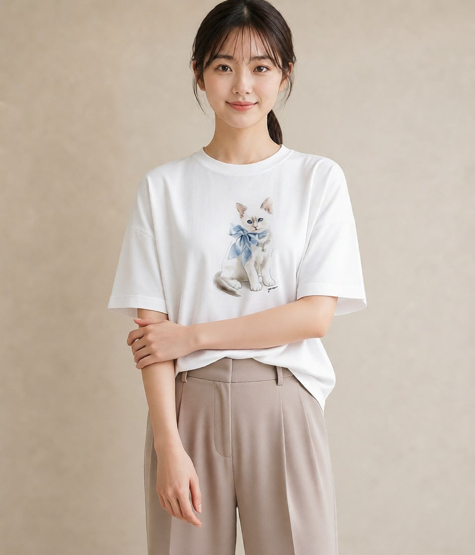 グラフィックTシャツ レディース ロシアンブルー 猫 ねこ イラスト ユニーク ラフ レイヤード 白T YMAZO
