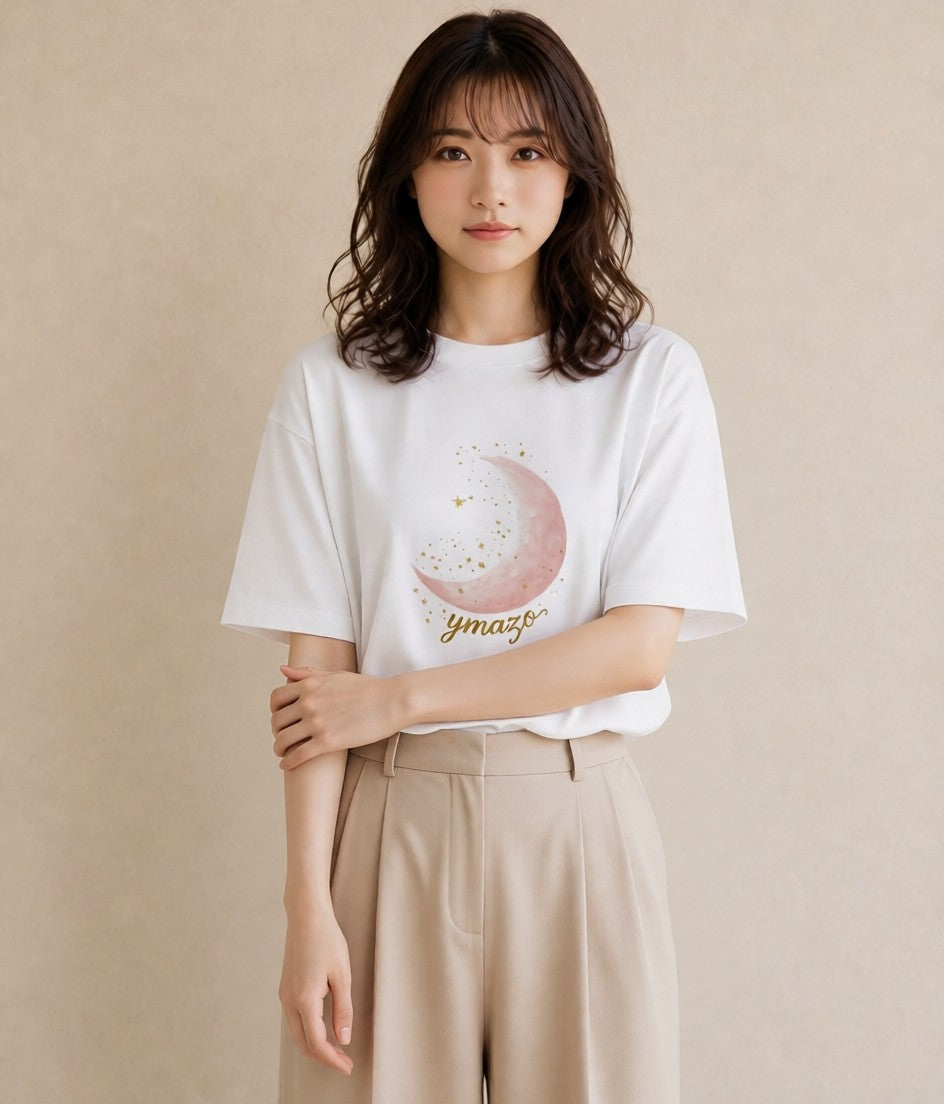 半袖Tシャツ レディース 三日月 星空 宇宙 イラスト ゆるコーデ お揃い 親子 白T YMAZO