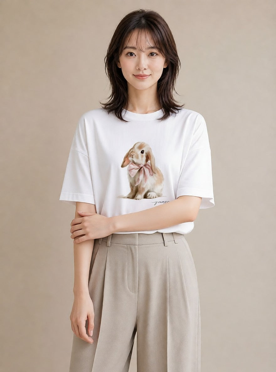 Tシャツ レディース ミニうさぎ ペット 動物 イラスト 普段使い 敬老の日 ホワイトデー 白T YMAZO